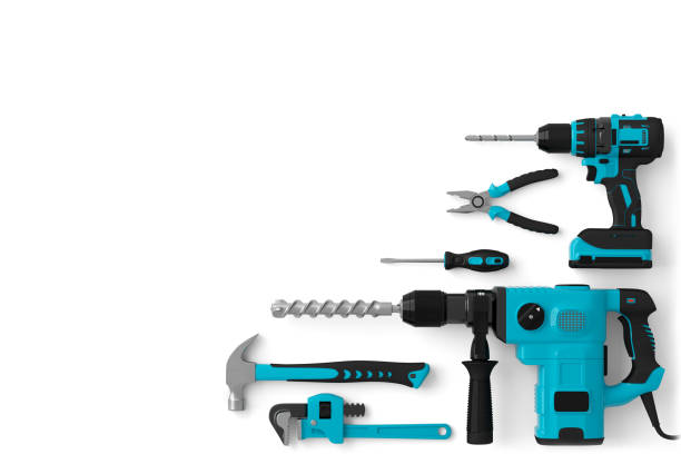 istock Top view of green construction tools for repair and installation on white 1322632146