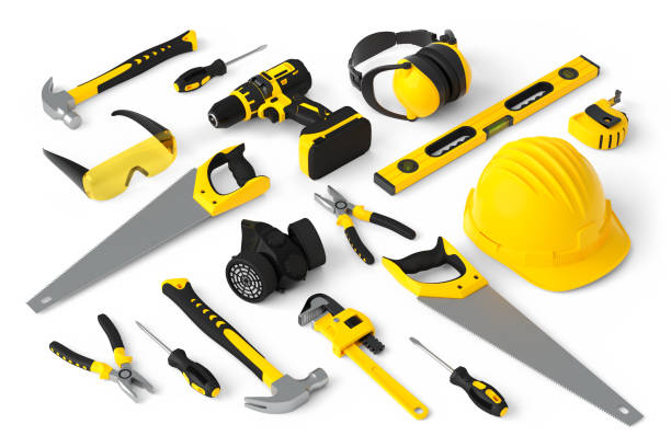 istock Isometric view of yellow construction tools for repair on white 1322632365
