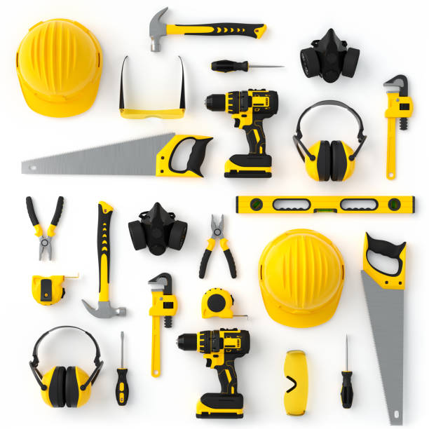 istock Top view of yellow construction tools for repair and installation on white 1322632414