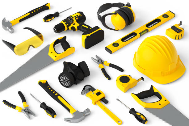 istock Isometric view of yellow construction tools for repair on white 1322632497