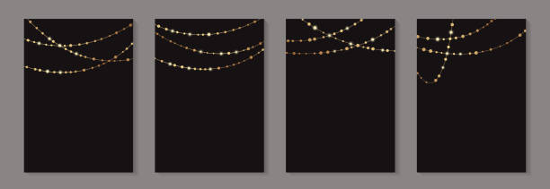 Card templates with golden glittering garlands on a black background. Modern luxury card templates for wedding or business or presentation or birthday greeting. 1528 stock illustrations
