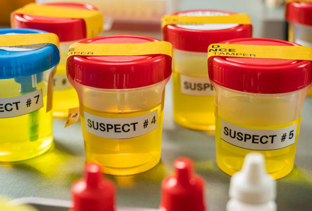 istock Various containers with human urine, crime lab, murder suspects labelled on each, conceptual image 1322634926