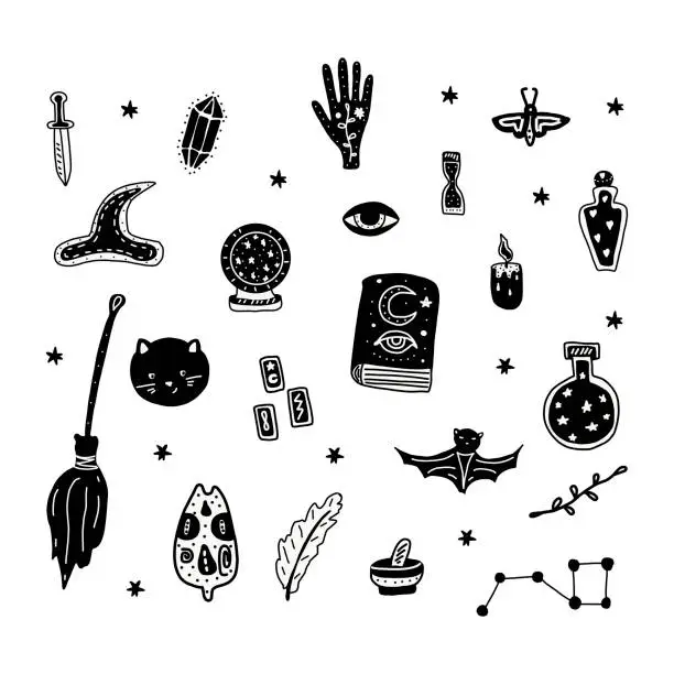 Vector illustration of Big witch magic design elements collection. Cute hand drawn, doodle, sketch magician set. Witchcraft symbols potion, skull, crystal, eyes, Vector. For tattoo, textile, cards, Halloween decor