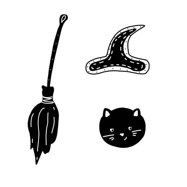 Vector illustration of Big witch magic design elements collection. Cute hand drawn, doodle, sketch magician set. Witchcraft symbols witch s hat, black cat, broom Vector. For tattoo, textile, cards, Halloween decor