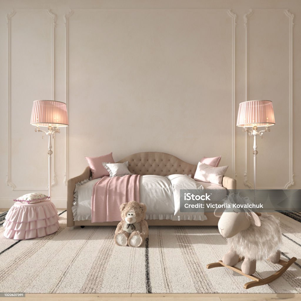 Children room interior classic style. Pink kids bedroom for girl. Mock up on wall background. 3d rendering illustration. Pink Color Stock Photo Children room interior classic style. Pink kids bedroom for girl. Mock up on wall background. 3d rendering illustration. Pink Color Stock Photo