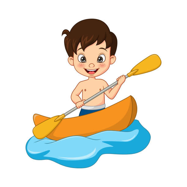 Cartoon Happy Little Boy Rowing A Boat Stock Illustration - Download Image  Now - Cartoon, Child, Kayaking - iStock
