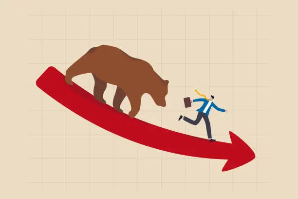 Vector illustration of Bear market, stock decline by economic crisis, recession or bubble burst, crypto currency price going down concept, businessman investor sell all stocks and run away from bear on red decline graph.