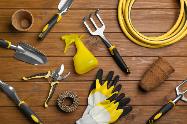 istock Flat lay composition with gardening tools on wooden background 1322648116