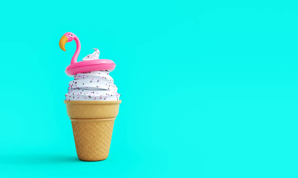 istock Cornet ice cream with pink flamingo on turquoise blue summer background 1322648648