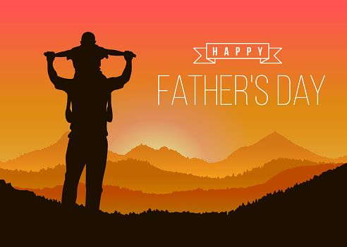 Happy father day with Silhouette son is riding his father's neck at Mountain peaks in evening time vector design