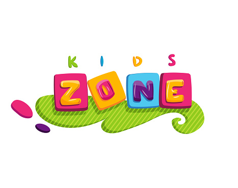Kids zone. Children playground game room or center emblem. Playroom banner for children play zone. Kid entertainment camp poster. Toys fun playing zone, games party and play area poster.