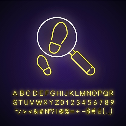 Looking for footsteps neon light icon. Criminal investigation. Detective work. Solving puzzles. Outer glowing effect. Sign with alphabet, numbers and symbols. Vector isolated RGB color illustration