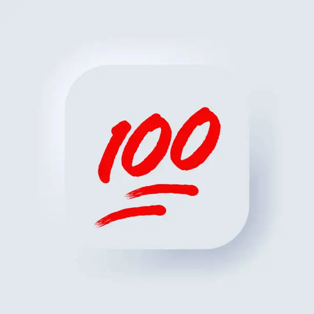 Vector illustration of 100 percent emoji. One hundred percent sign. Neumorphic UI UX white user interface web button. Neumorphism. Vector EPS 10