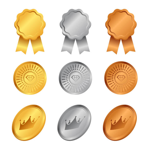 gold, silber und bronze award medaillen mit diamant und krone zeichen vektor set design - medal platinum gold silver stock-grafiken, -clipart, -cartoons und -symbole