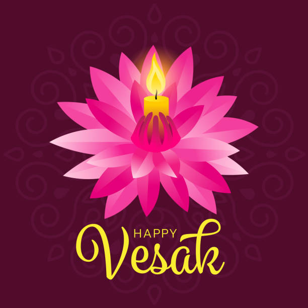 glücklich vesak tag banner mit gelben kerze licht auf rosa lotus vektor-design - vesak day stock-grafiken, -clipart, -cartoons und -symbole