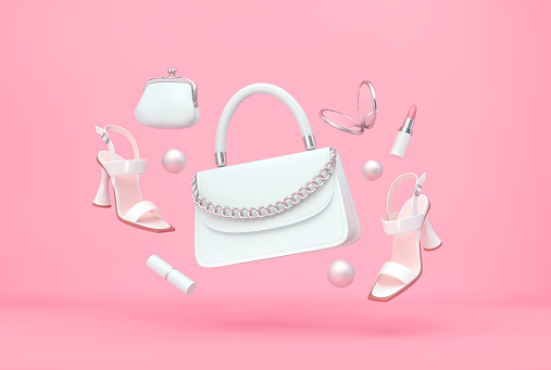 White women's handbag, high heels, purse, lipstick, mirror flying over pink background
