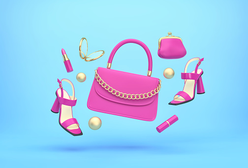 Women's handbag, shoes, purse, lipstick, mirror flying over blue background. Fashion concept. 3D rendering