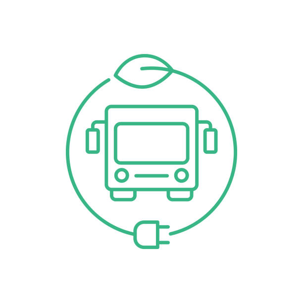 Electric bus in a circle with a leaf and a plug. Hybrid vehicle charging station sign. Green energy zero emission concept. Eco friendly city transport. Thin line icon. Vector illustration, clip art. zero emission vehicle stock illustrations