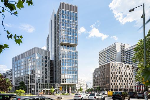 view over Leipziger Strasse with  facades of modern business and residential architecture  in central Berlin
