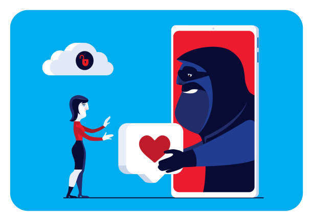 ilustraciones, imágenes clip art, dibujos animados e iconos de stock de hacker dando como icono a la mujer a través del teléfono inteligente - women sign love trap