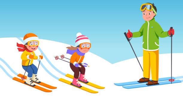 Father, daughter, son kids skiing together on snowy slopes. Happy children skiers cartoon characters sliding downhill in ski resort. Family enjoying winter holiday sport. Flat vector illustration Father, daughter, son kids skiing together on snowy slopes. Happy children skiers cartoon characters sliding downhill in ski resort. Family enjoying winter holiday sport. Flat style vector isolated illustration kids snow suits stock illustrations