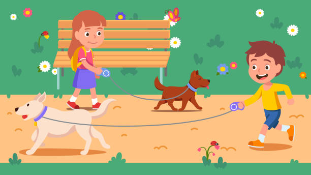 chó chủ sở hữu cô gái, trẻ em trai chạy dắt thú cưng chó con của họ trên dây xích. nhân vật hoạt hình trẻ em dắt chó đi dạo trên lối đi công viên mùa hè với băng ghế dự bị. hoạt động giải trí  - nature walk hình minh họa sẵn có