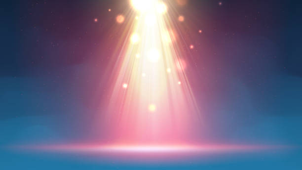 tło z reflektorem mgły. oświetlona niebieska złota smoky sceny. tło do wyświetlania produktów. jasne złote różowe wiązki reflektorów, błyszczące cząstki, plama światła. ilustracja wektorowa - gods rays stock illustrations