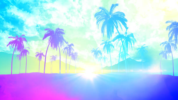 Tropical palm tree with sun light on sunrise sky and cloud for summer vacation party background, 3d rendering.