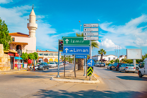 Izmir, Turkey - May 31, 2021: Cesme is an old aegean town that located west part of Izmir. People go there for its architecture, vineyards and windmills except unique aegean view. It has now made its name in the world of windsurfing and kitesurfing, with its crystal clear water, consistent and steady wind and well acclaimed hospitality.