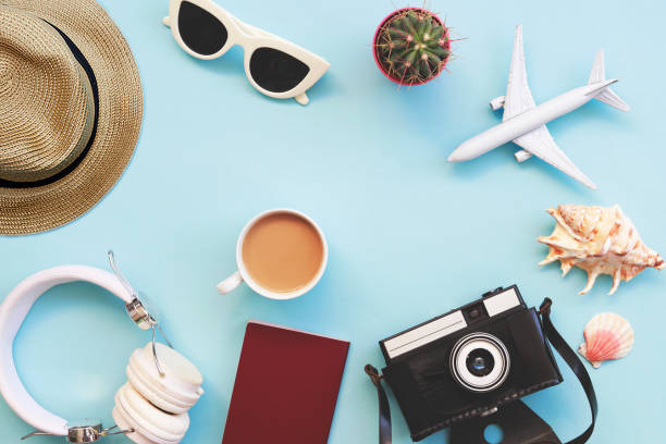 istock Travel accessories with copy space on blue background 1322667923
