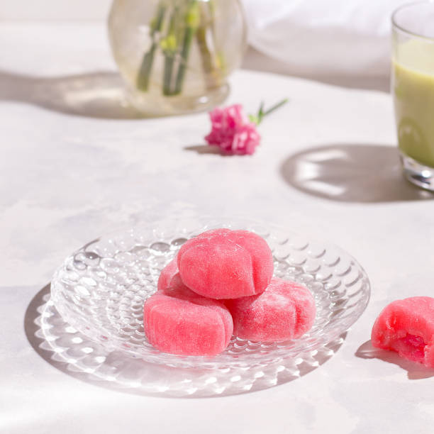 istock Japanese mochi sweets dessert pink on gray background 1322668425