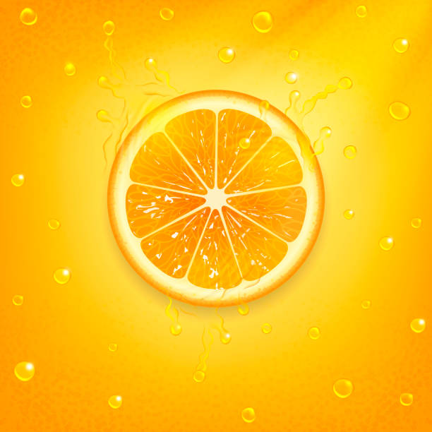 ilustrações de stock, clip art, desenhos animados e ícones de juicy orange with fresh juice - orange portion vector textured