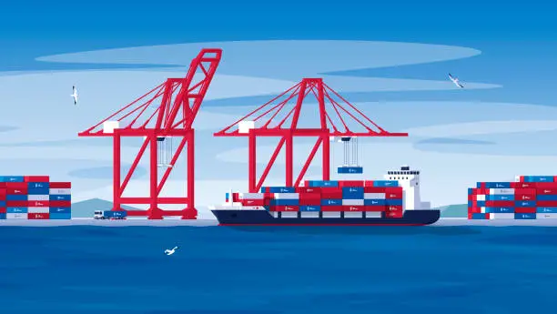 Vector illustration of Port Crane loads containers onto a ship.