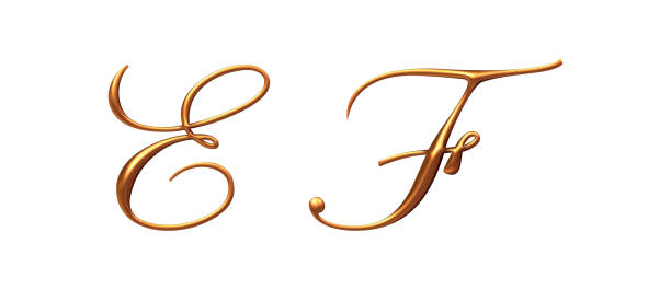 3d alphabet, golden uppercase letters E F, 3d illustration