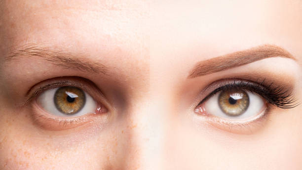 istock Female eyes before and after beautiful makeup, eyelash extension, eyebrow liner, microblading, cosmetology procedure, retouch 1322670763