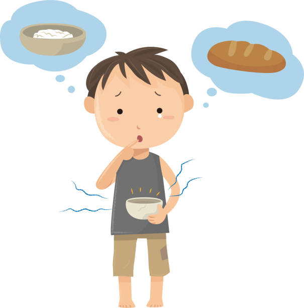 illustrazioni stock, clip art, cartoni animati e icone di tendenza di illustrazione di un ragazzo affamato, fame zero, oss - povertà asia