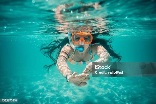 Underwater View Of Beautiful Woman Swimming In Blue Ocean Water Stock Photo - Download Image Now