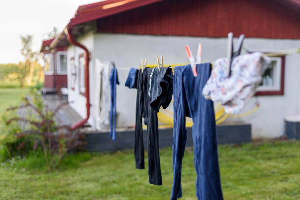 istock Drying clothes on rope at country backyard 1322673366