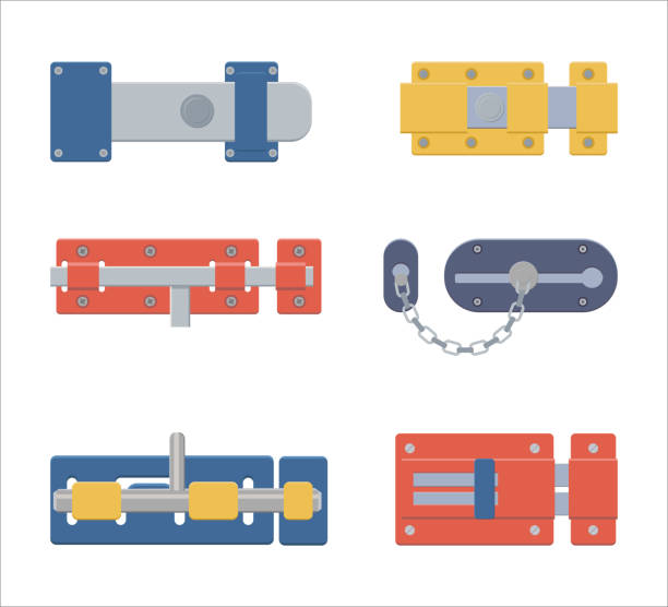 Set of door latches, gate latch, sliding lock with dead bolt in flat style.  Isolated on white background. Vector illustration. Set of door latches, gate latch, sliding lock with dead bolt in flat style.  Isolated on white background. Vector illustration. latch stock illustrations