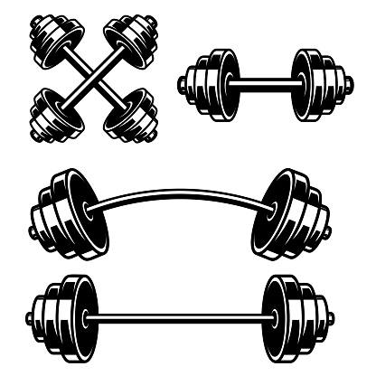 Set of illustrations of gym barbells. Design element for label, sign, emblem, poster. Vector illustration