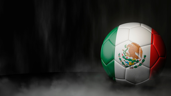 Soccer ball in flag colors on a dark abstract background. Mexico. 3D image.