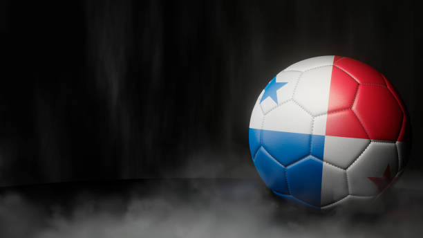 pelota de fútbol en colores de bandera sobre un fondo abstracto oscuro. panamá - bola 3d de bandera de panamá fotografías e imágenes de stock