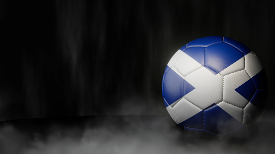Soccer ball in flag colors on a dark abstract background. Scotland. 3D image.