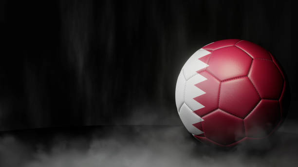 暗い抽象的な背景に旗の色でサッカーボール。カタール。 - ワールドカップ ストックフォトと画像