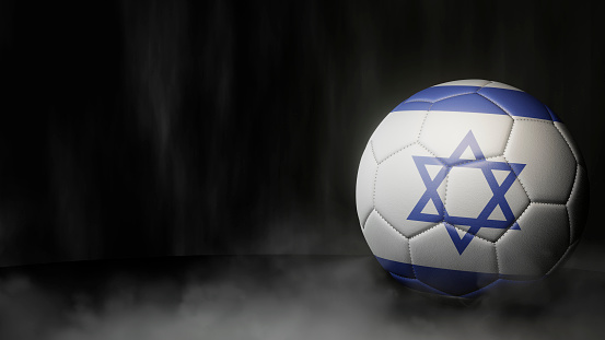 Soccer ball in flag colors on a dark abstract background. Israel. 3D image.