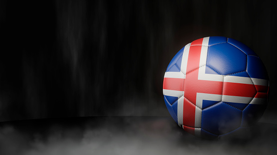 Soccer ball in flag colors on a dark abstract background. Iceland. 3D image.