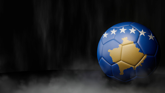 Soccer ball in flag colors on a dark abstract background. Kosovo. 3D image.