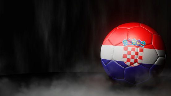 Soccer ball in flag colors on a dark abstract background. Croatia. 3D image.