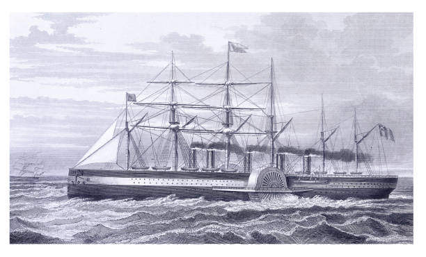 ilustrações, clipart, desenhos animados e ícones de navio a vapor de navegação de ferro great eastern transatlantic - etching sailing ship passenger ship sea