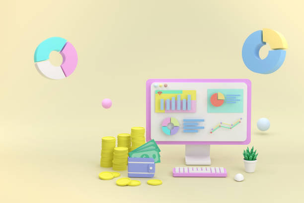 istock 3D business concept. Computer and graphic whit coin and banknote 1322677867